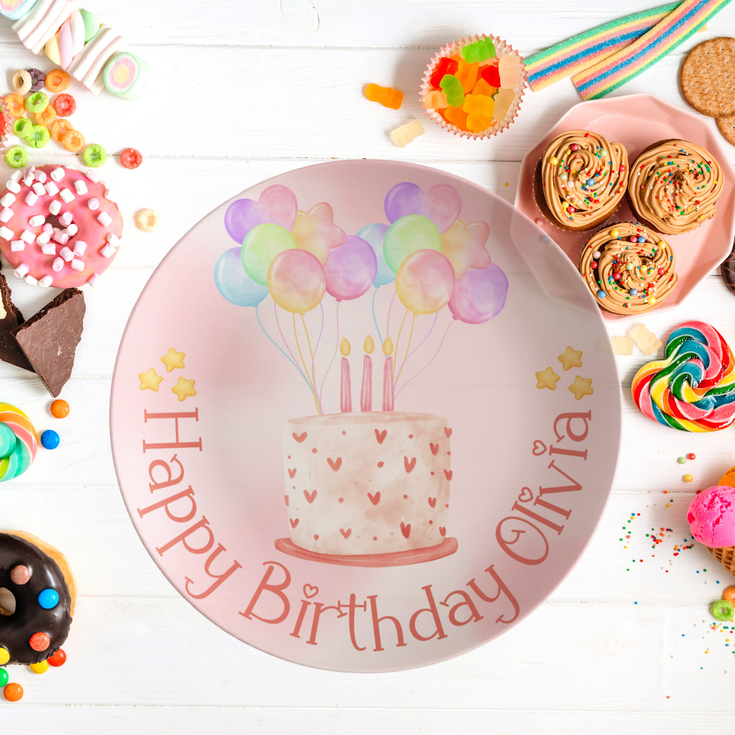 Custom Birthday Plate for Kids – Pink Watercolor Cake Design – Personalized 10" Plate with Balloons & Name – Keepsake Birthday Gift