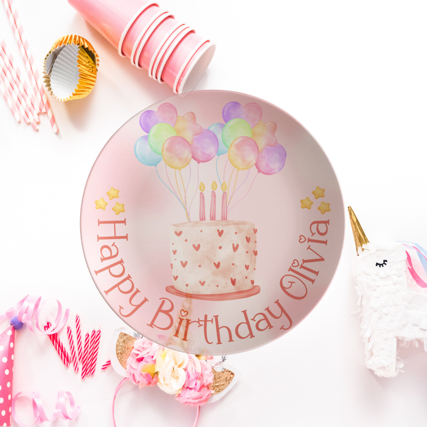 Custom Birthday Plate for Kids – Pink Watercolor Cake Design – Personalized 10" Plate with Balloons & Name – Keepsake Birthday Gift