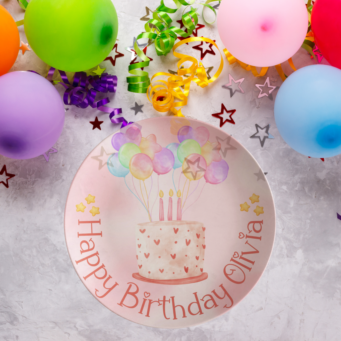 Custom Birthday Plate for Kids – Pink Watercolor Cake Design – Personalized 10" Plate with Balloons & Name – Keepsake Birthday Gift