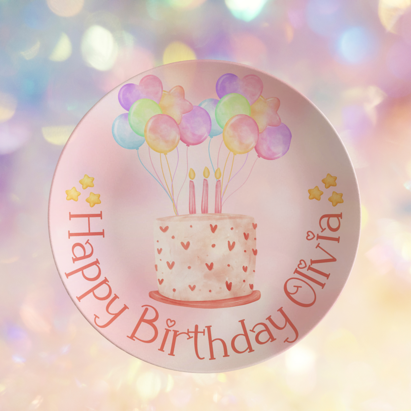 Custom Birthday Plate for Kids – Pink Watercolor Cake Design – Personalized 10" Plate with Balloons & Name – Keepsake Birthday Gift