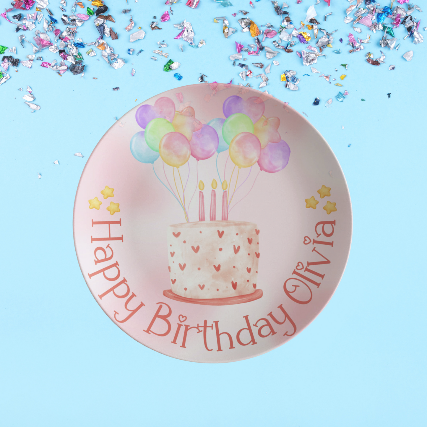 Custom Birthday Plate for Kids – Pink Watercolor Cake Design – Personalized 10" Plate with Balloons & Name – Keepsake Birthday Gift
