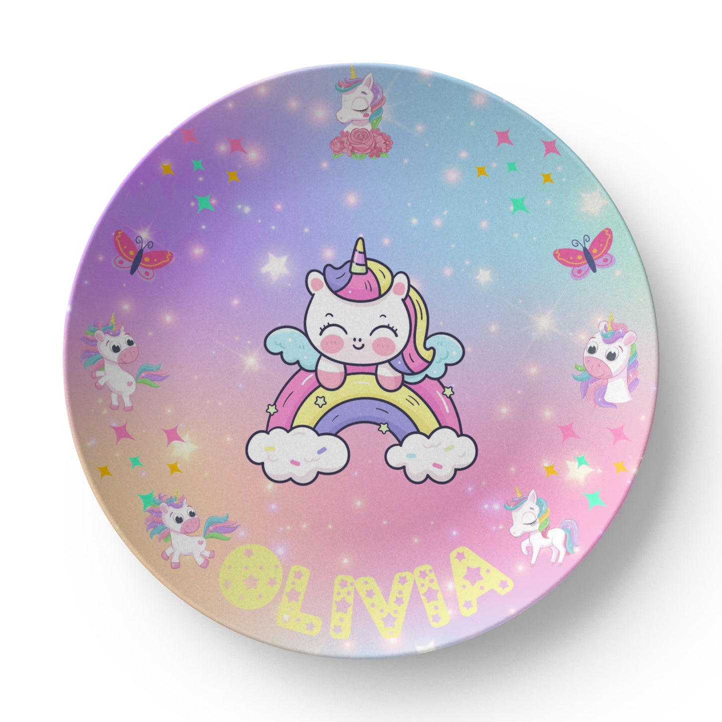 Personalized Kids' Plate – Magical Unicorn Rainbow | Custom Name Plate