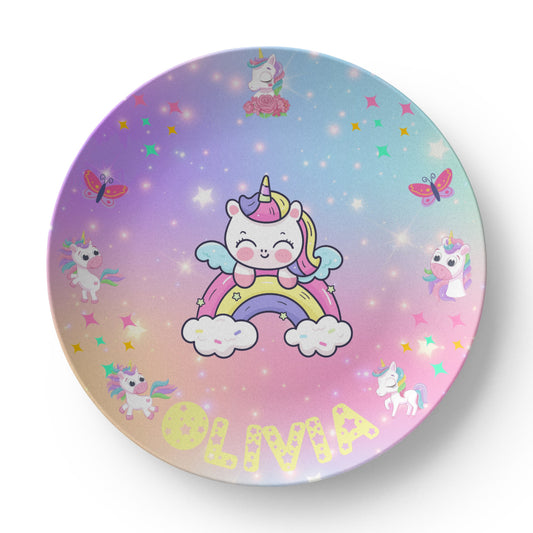 Personalized Kids' Plate – Magical Unicorn Rainbow | Custom Name Plate
