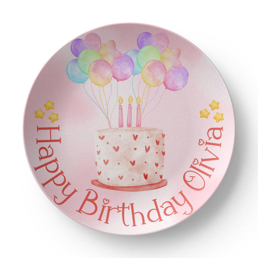 Custom Birthday Plate for Kids – Pink Watercolor Cake Design – Personalized 10" Plate with Balloons & Name – Keepsake Birthday Gift
