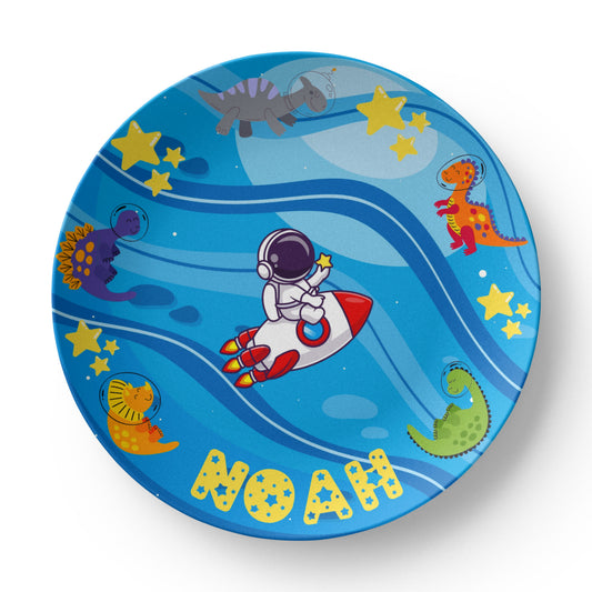 Personalized Kids' Plate – Space Adventure with Dinosaurs | Custom Name Plate