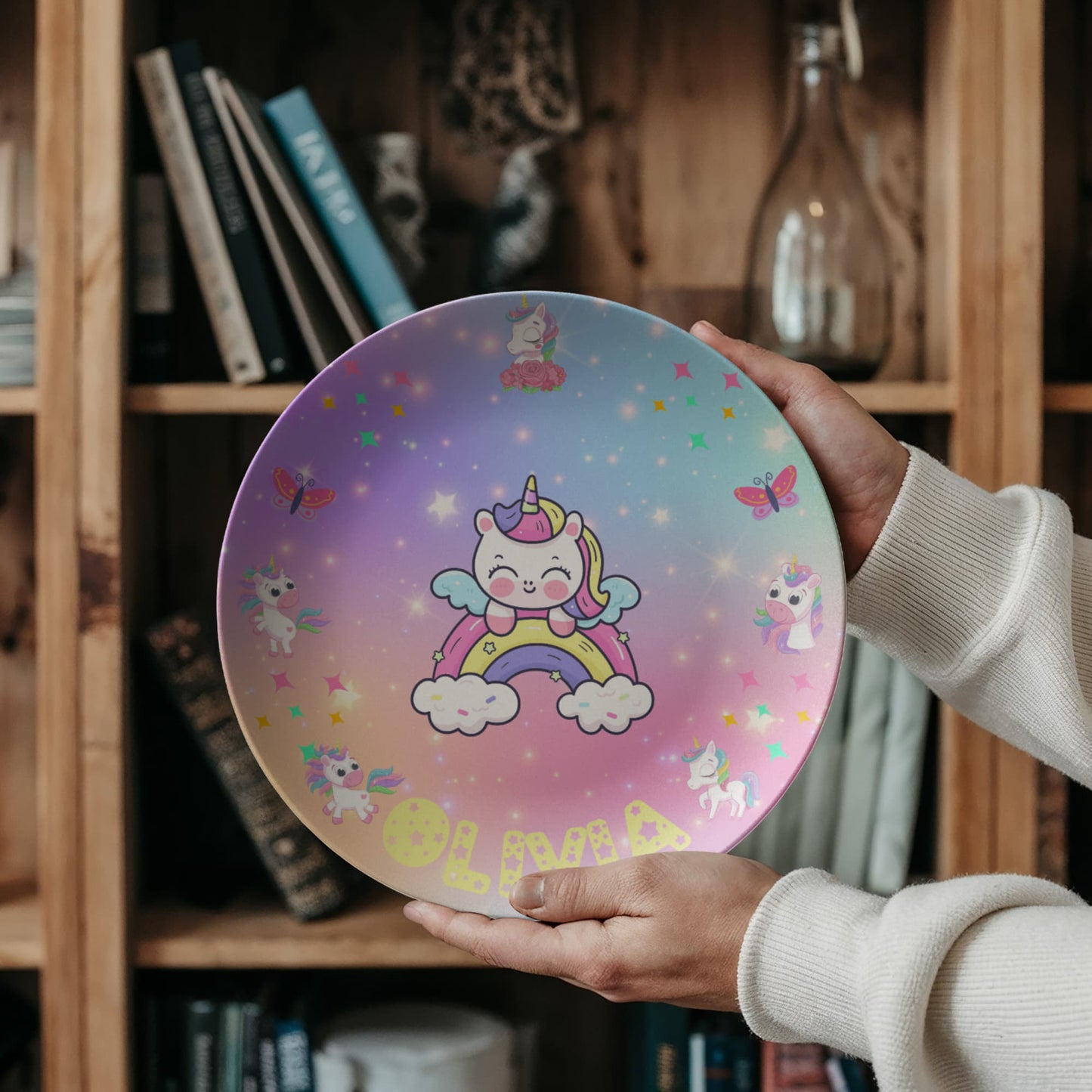Personalized Kids' Plate – Magical Unicorn Rainbow | Custom Name Plate
