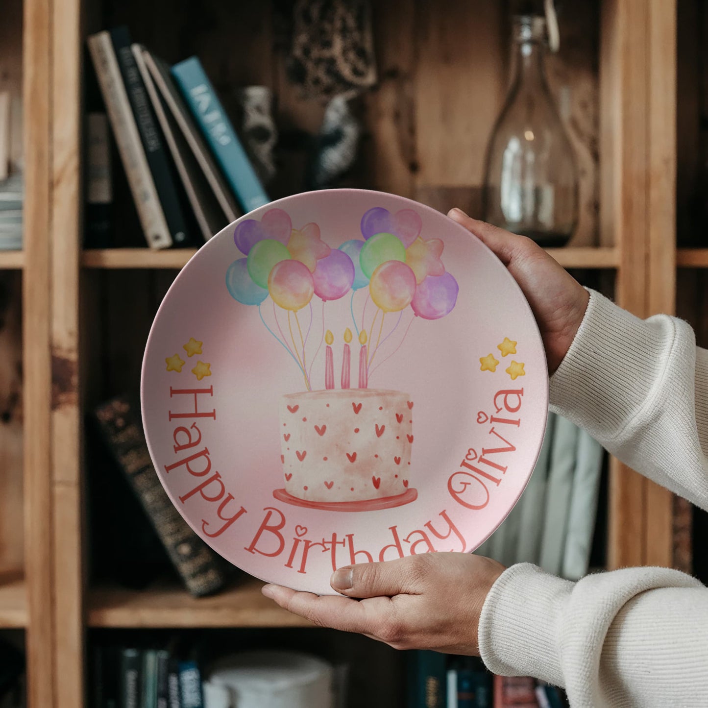 Custom Birthday Plate for Kids – Pink Watercolor Cake Design – Personalized 10" Plate with Balloons & Name – Keepsake Birthday Gift
