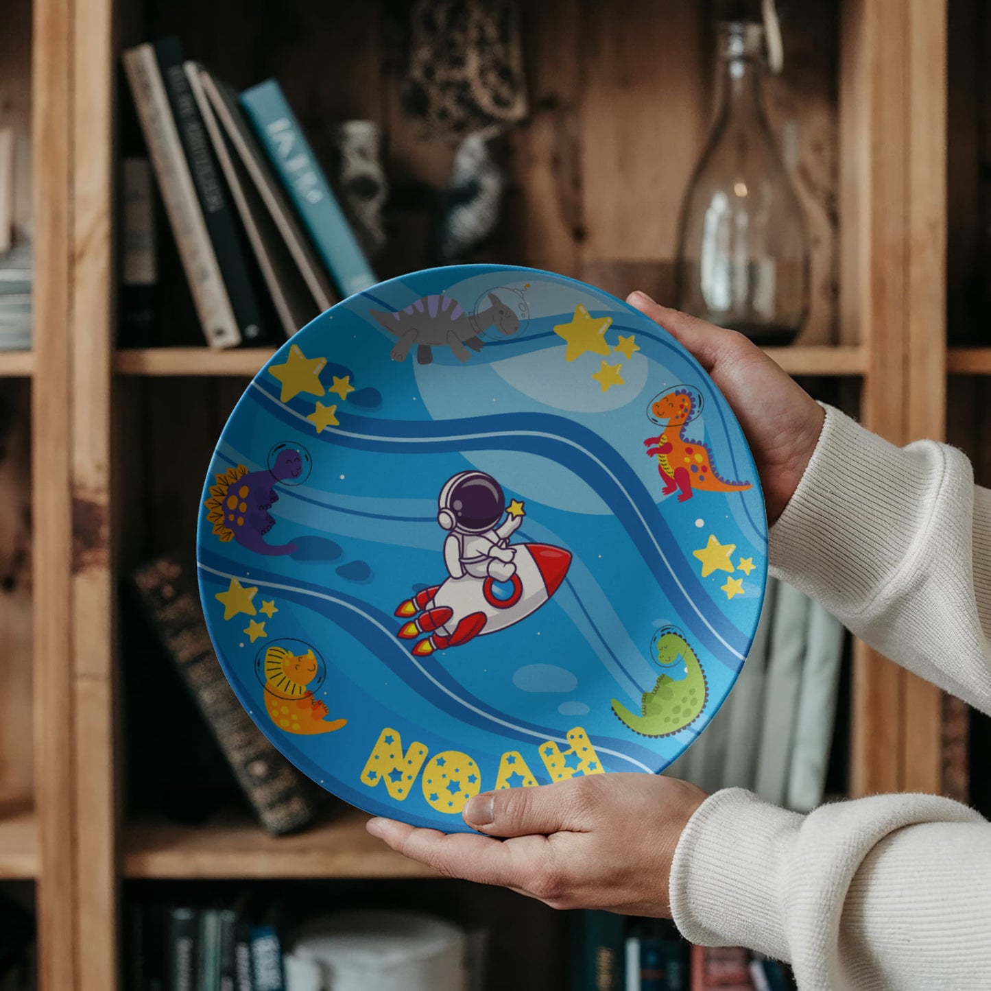 Personalized Kids' Plate – Space Adventure with Dinosaurs | Custom Name Plate