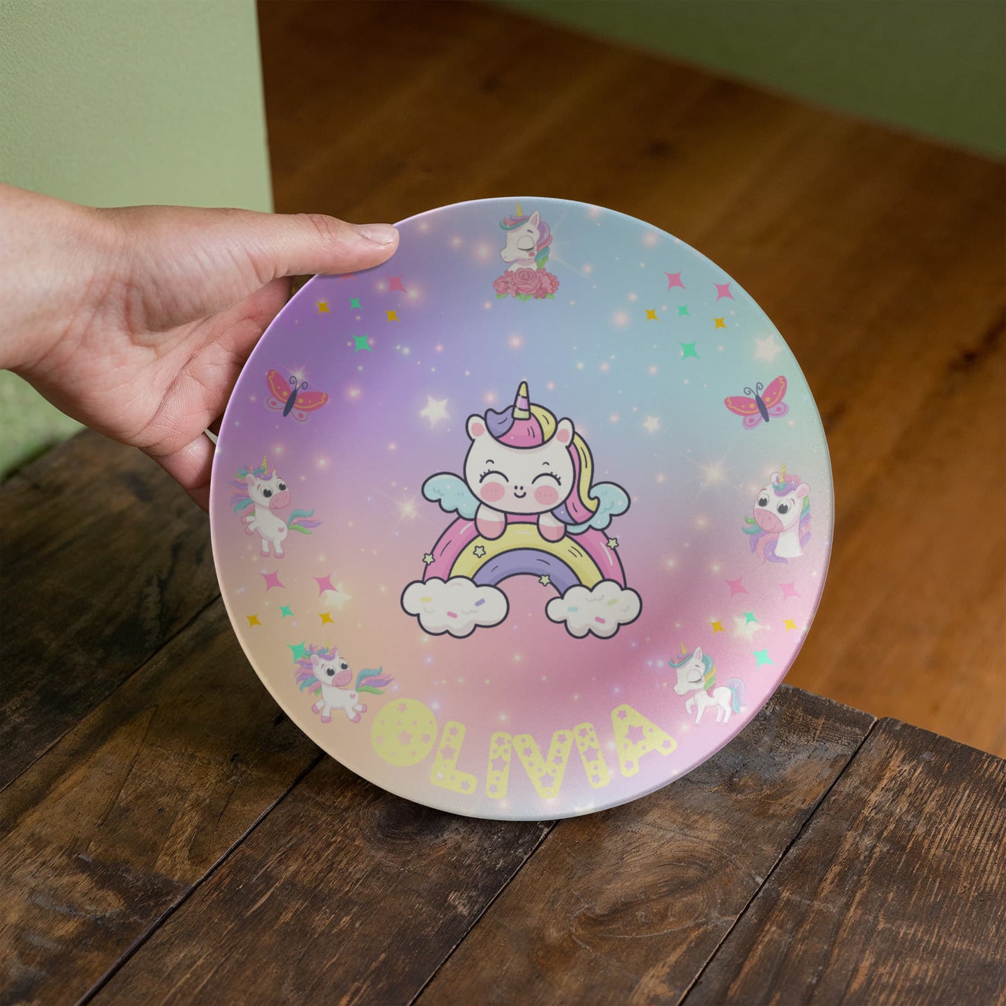 Personalized Kids' Plate – Magical Unicorn Rainbow | Custom Name Plate