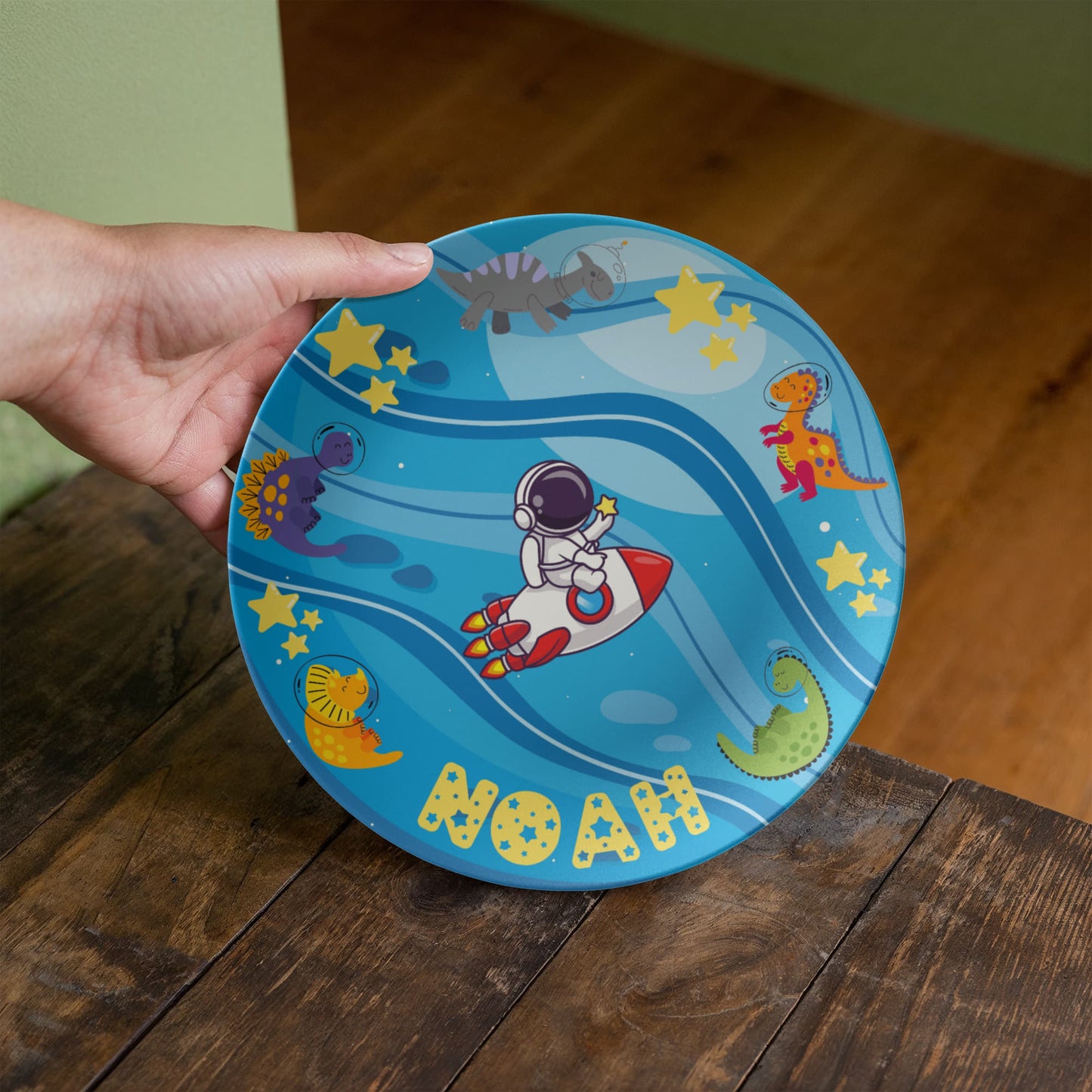 Personalized Kids' Plate – Space Adventure with Dinosaurs | Custom Name Plate