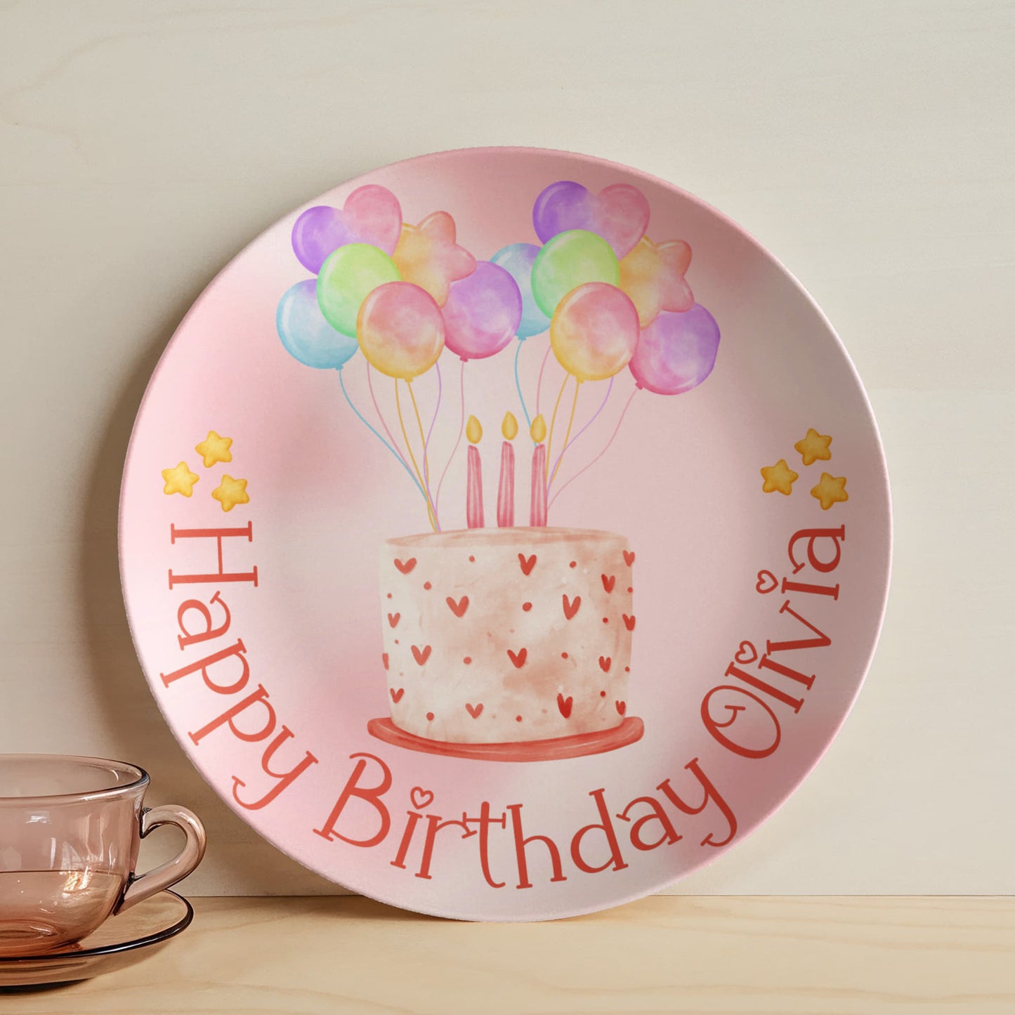 Custom Birthday Plate for Kids – Pink Watercolor Cake Design – Personalized 10" Plate with Balloons & Name – Keepsake Birthday Gift