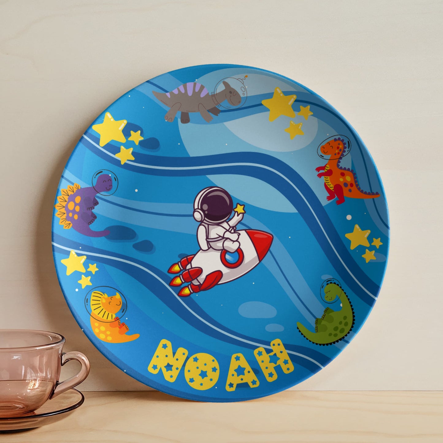 Personalized Kids' Plate – Space Adventure with Dinosaurs | Custom Name Plate