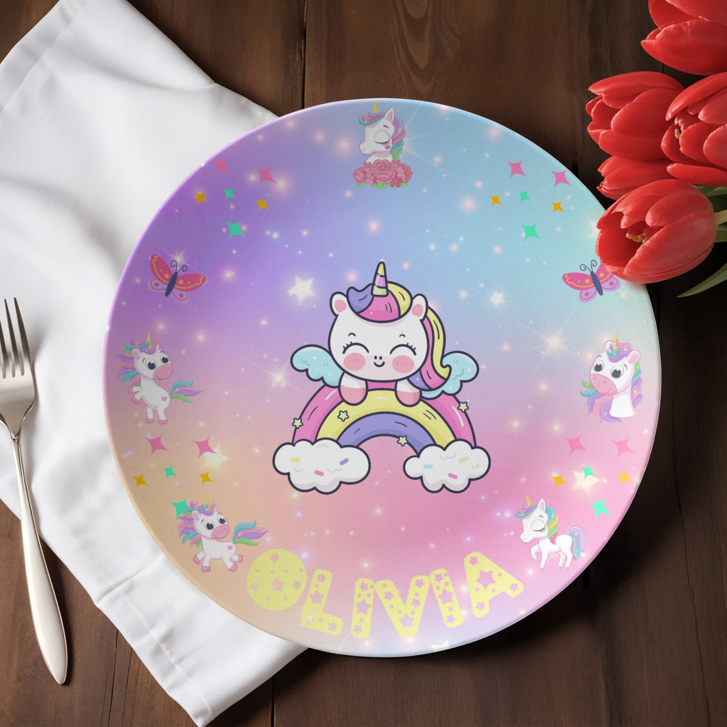 Personalized Kids' Plate – Magical Unicorn Rainbow | Custom Name Plate