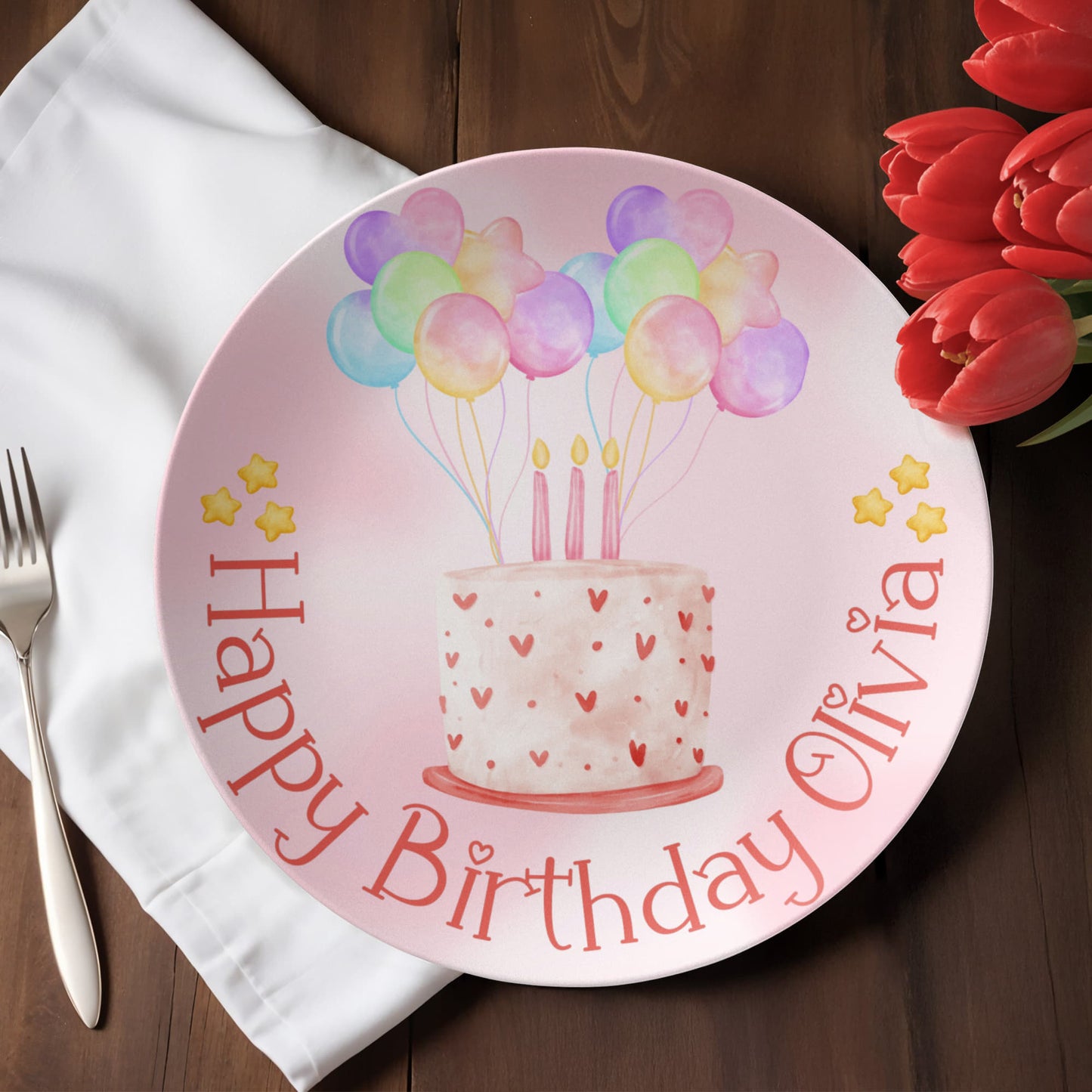 Custom Birthday Plate for Kids – Pink Watercolor Cake Design – Personalized 10" Plate with Balloons & Name – Keepsake Birthday Gift