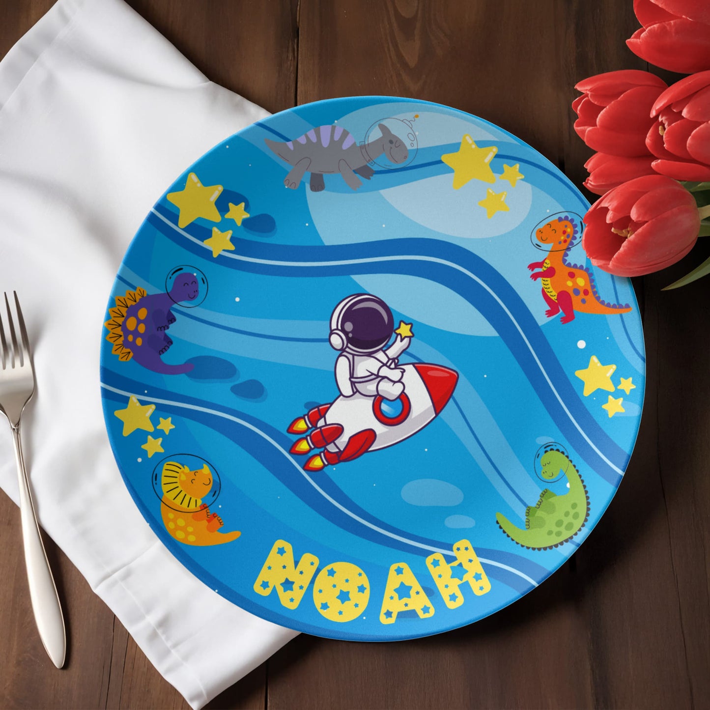 Personalized Kids' Plate – Space Adventure with Dinosaurs | Custom Name Plate