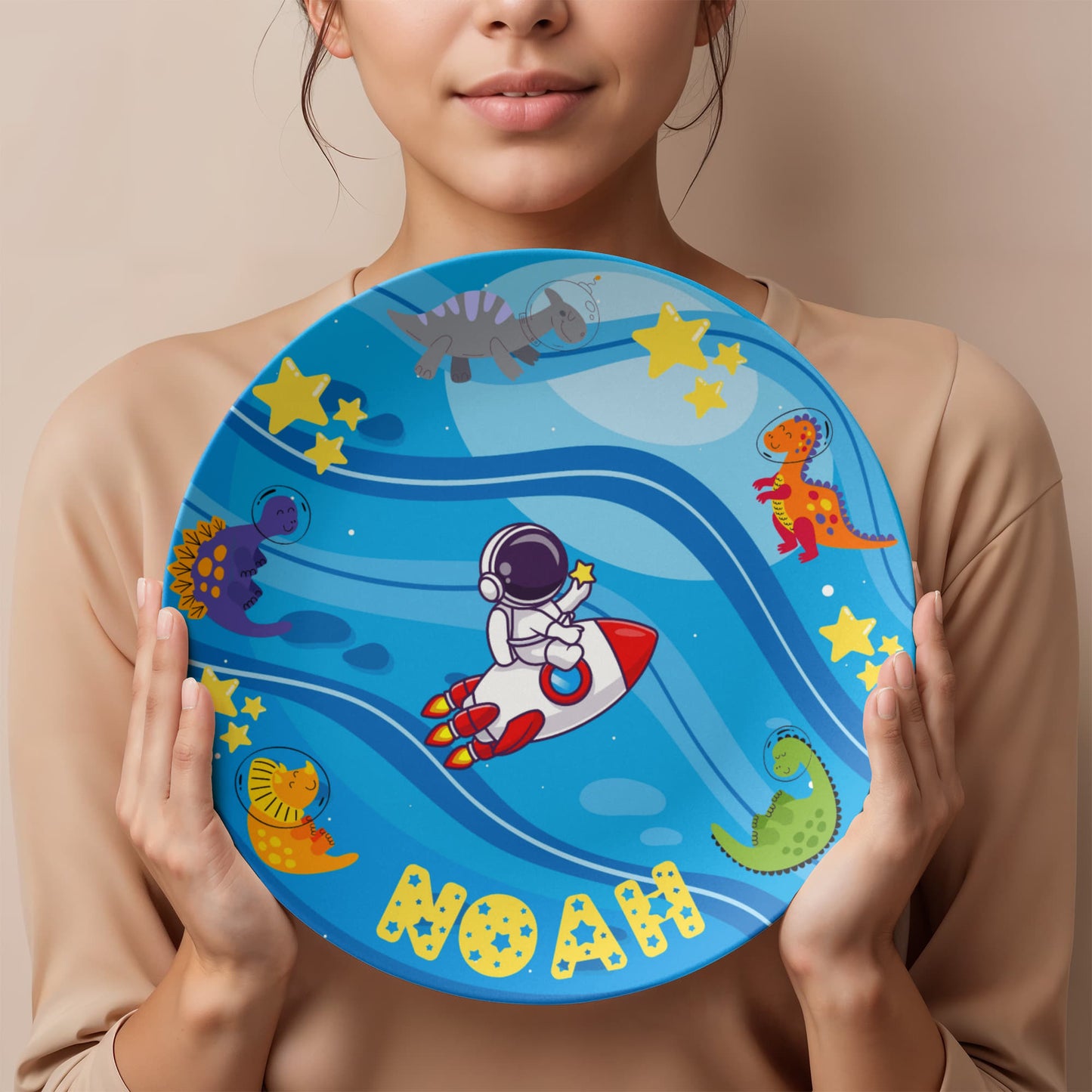 Personalized Kids' Plate – Space Adventure with Dinosaurs | Custom Name Plate