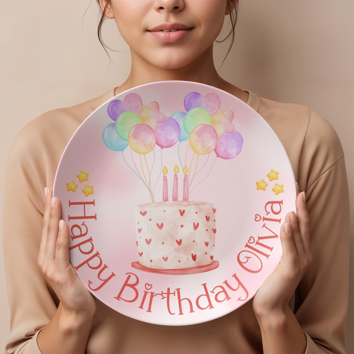 Custom Birthday Plate for Kids – Pink Watercolor Cake Design – Personalized 10" Plate with Balloons & Name – Keepsake Birthday Gift