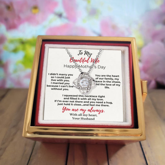 To My Beautiful Wife - Love Knot Necklace with Rotating Rose Gift Box | Mother's Day Jewelry Gift